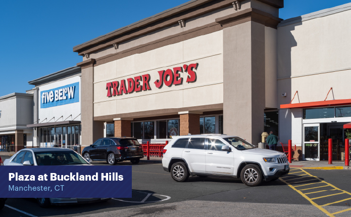 White SUV passes Trader Joe's on road in shopping center.