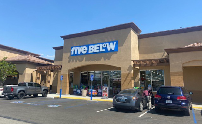 Parking lot and Five Below entrance.