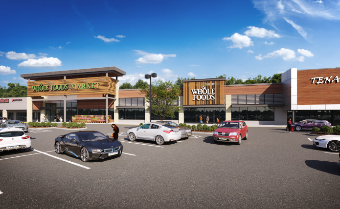 Rendering of parking lot and Whole Foods Market.