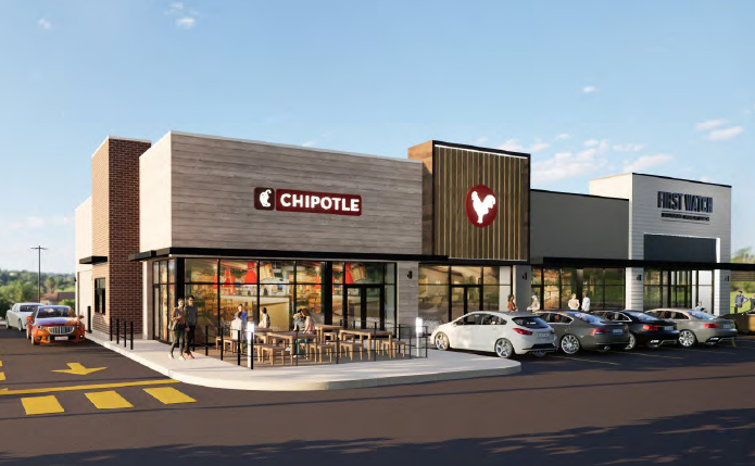 Rendering of Chipotle and cars in front.