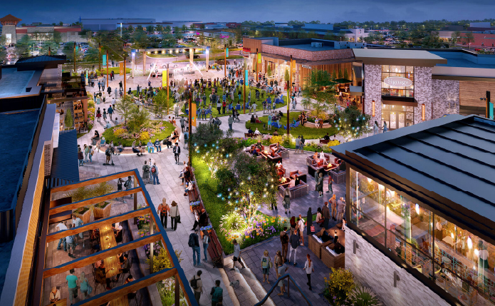 Rendering of garden and outdoor area at Block 59 shopping center.