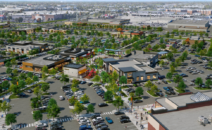 Rendering of birds eye view of Block 59 shopping center.