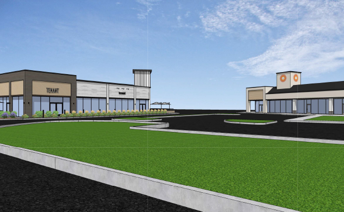 Rendering of green lawn and outdoor space of shopping center.