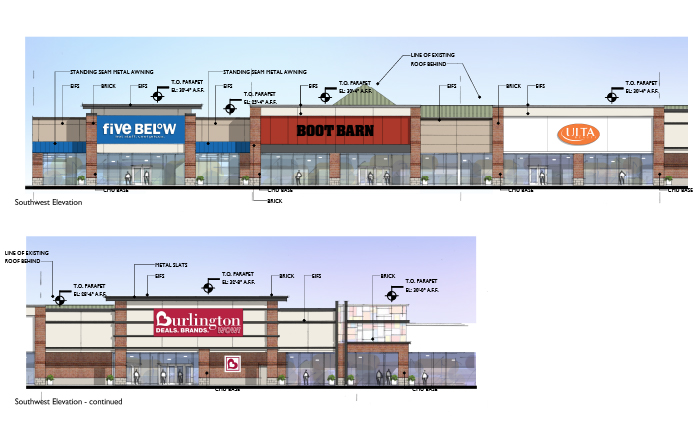 Elevation renderings of Five Below and Burlington.