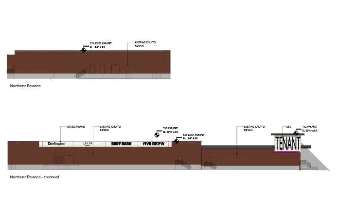 Elevation rendering of brown storefront.