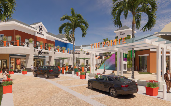 Rendering of Pointe Orlando entrance with grey car and palm trees.