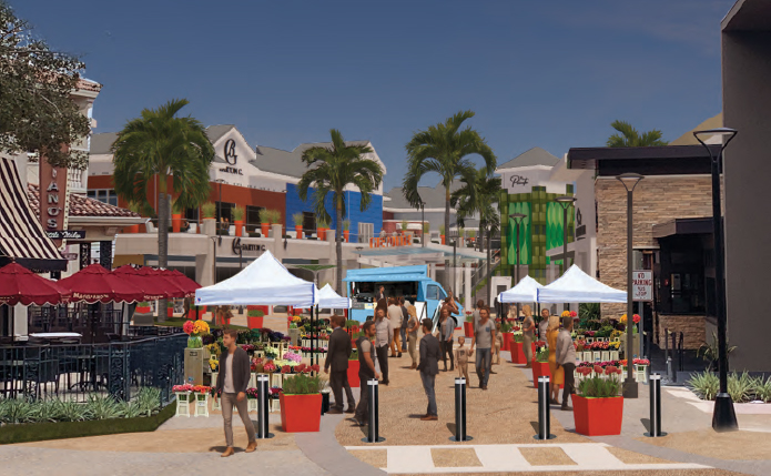 Palm trees, tents and patrons in rendering for Pointe Orlando crosswalk.