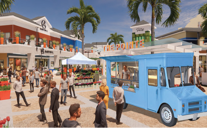 Rendering of light blue food truck at shopping center with palm trees.