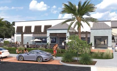 Rendering of an outdoor dining and retail area at Circle Center in Hilton Head Island, SC, featuring coastal‑style architecture with metal roofing, shaded patios, palm trees, landscaped walkways, and customer activity in front of the storefronts.