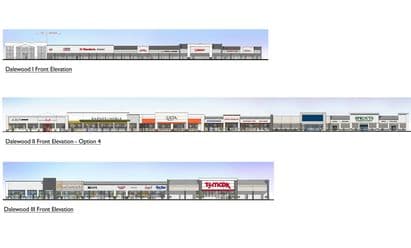 Architectural renderings of proposed front elevations for Dalewood Shopping Center in Hartsdale, NY, showing future storefront designs for multiple phases including retailers such as Barnes & Noble, Ulta Beauty, Sprouts Farmers Market, T.J.Maxx, McDonald’s, and other tenants, with updated façades, signage zones, and modernized building materials across three elevation options.
