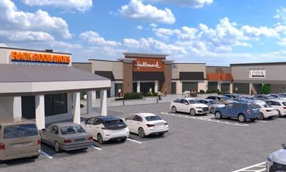 3D perspective rendering of Hillcrest Market Place in Spartanburg, SC, showing proposed façade upgrades for Hallmark, Rack Room Shoes, and J.Crew Factory, with enhanced architectural details, expanded storefront glass, new signage, and an active parking lot in the foreground.