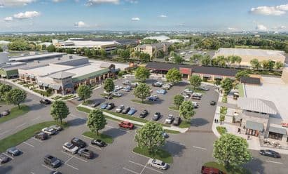 Aerial view of the Market Plaza redevelopment highlighting new retail and restaurant concepts, improved traffic circulation, expanded landscaping, outdoor dining destinations, modern storefront façades, and convenient parking throughout the shopping center.