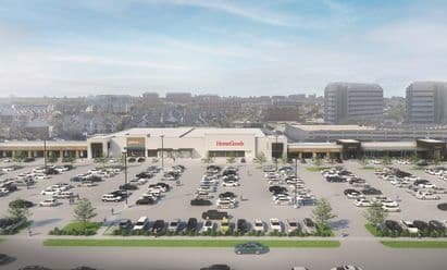 Aerial rendering of Preston Park Village in Plano, TX, featuring a large central parking field surrounded by major retailers including HomeGoods and Petco, landscaped drive aisles, and surrounding mid‑rise office and residential buildings in the background.