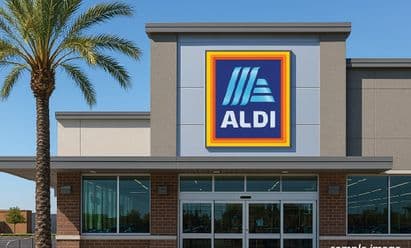 Sample image of an ALDI grocery storefront representing the planned tenant at Puente Hills Town Center in Rowland Heights, CA, featuring a contemporary façade with gray and brick materials, large entrance windows, and a palm tree positioned along the walkway.