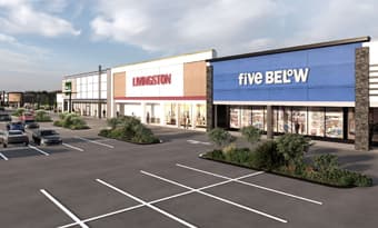 Rendering of retail storefronts at Rockland Plaza in Nanuet, NY, including Livingston and Five Below, shown with updated contemporary façades, large windows, landscaped parking islands, and an expansive drive aisle in the foreground.