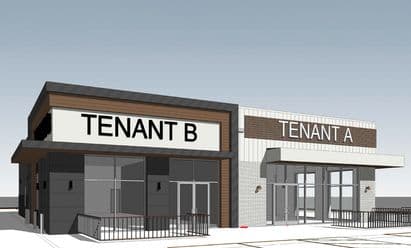 Architectural rendering of two future tenant spaces at Wynnewood Village in Dallas, TX, labeled Tenant A and Tenant B, each with modern façades featuring mixed materials, large storefront glazing, contemporary awnings, and accessible walkway areas.