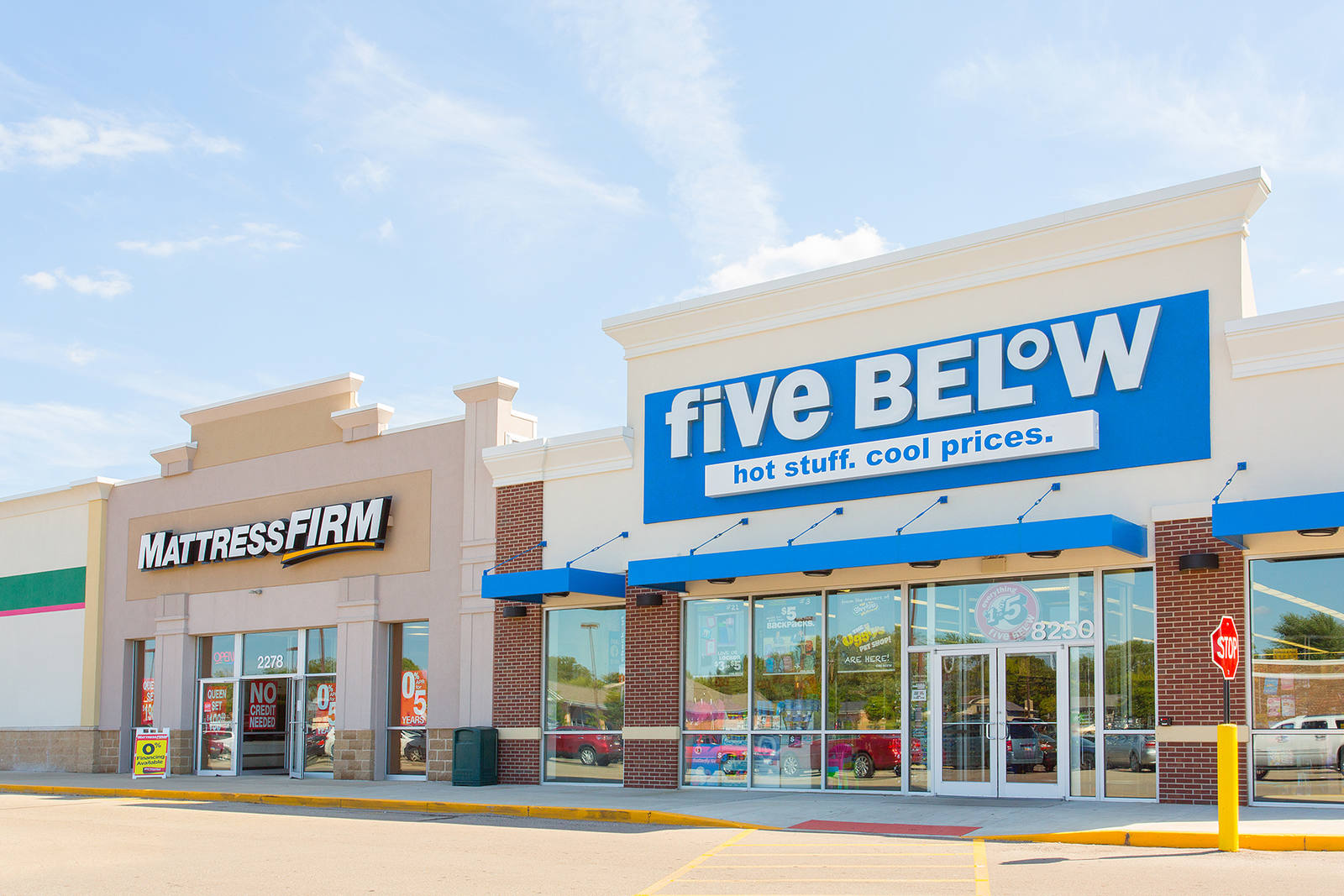 Front entrances of Mattress Firm and Five Below at South Towne Centre