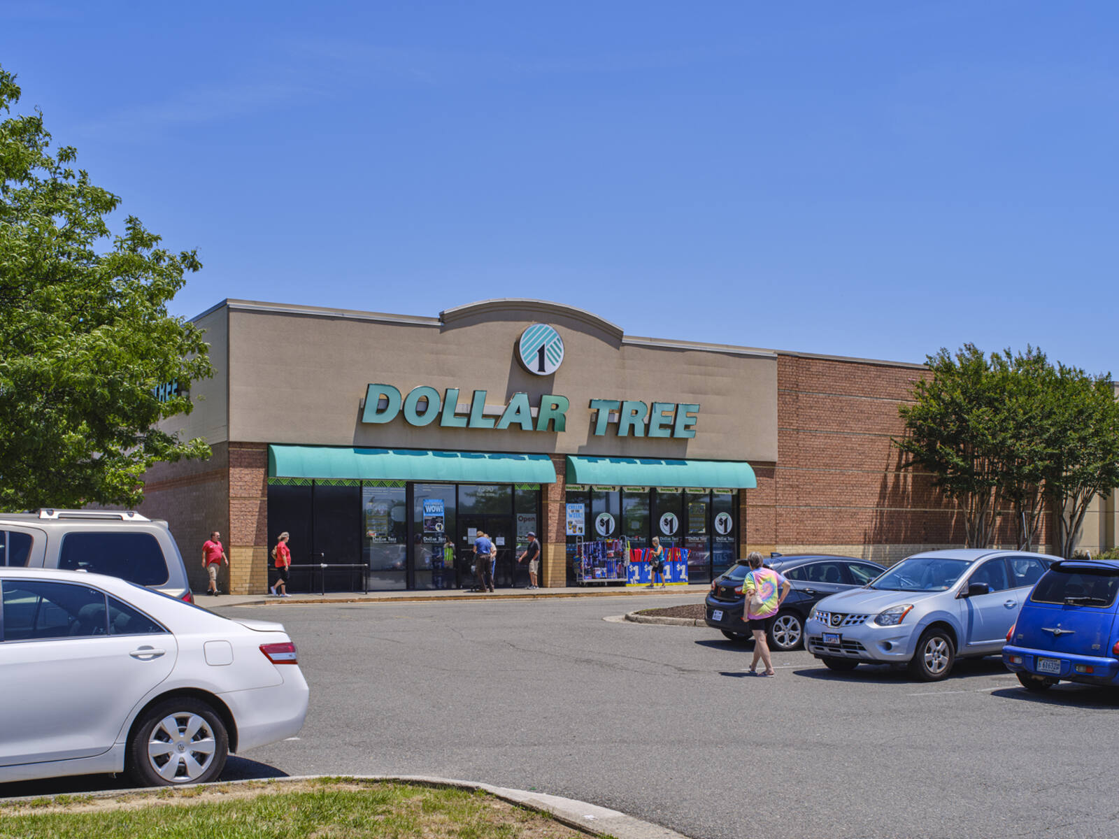 Customers entering Dollar Tree with rows of parked cars and trees in front.