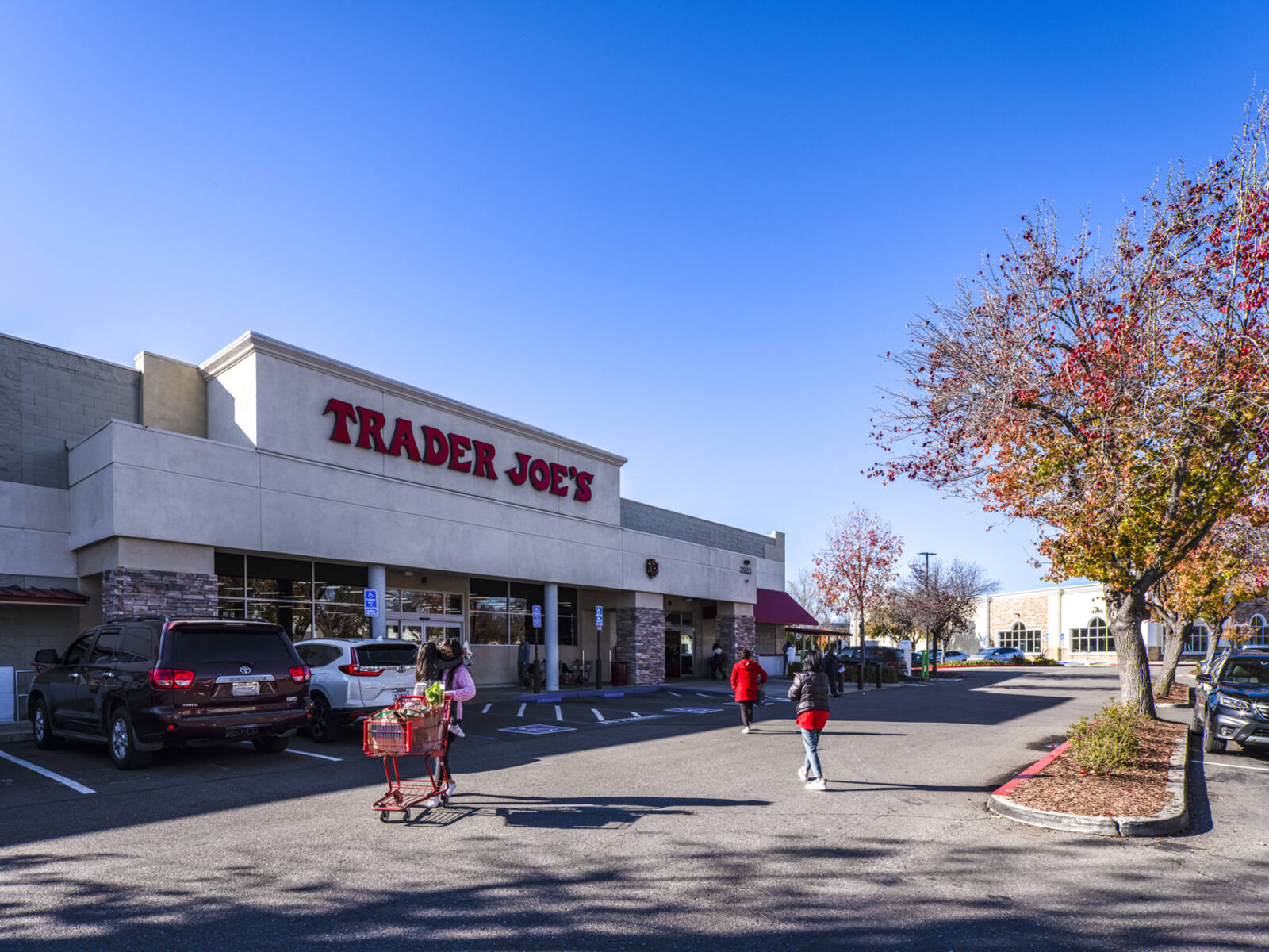 Woman with cart and pedestrians in the road in front of Trader Joe's with autumn colored trees.