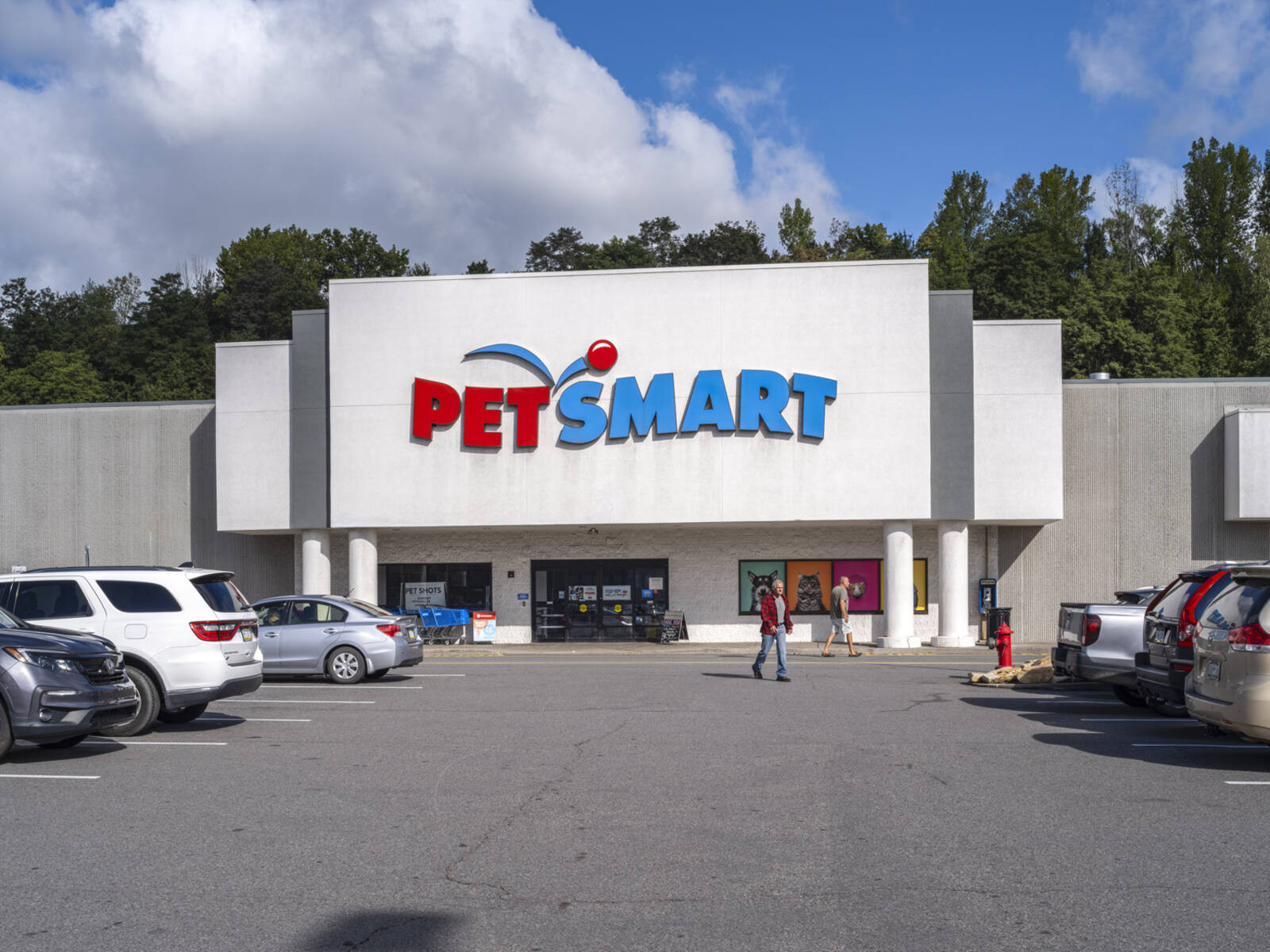 Two men in front of PetSmart entering the parking lot.