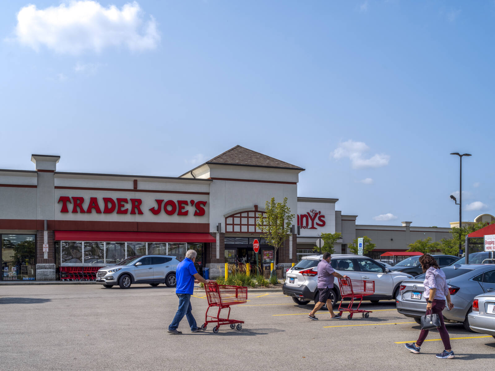 Customers with carts in parking lot at the front of Trader Joe's.