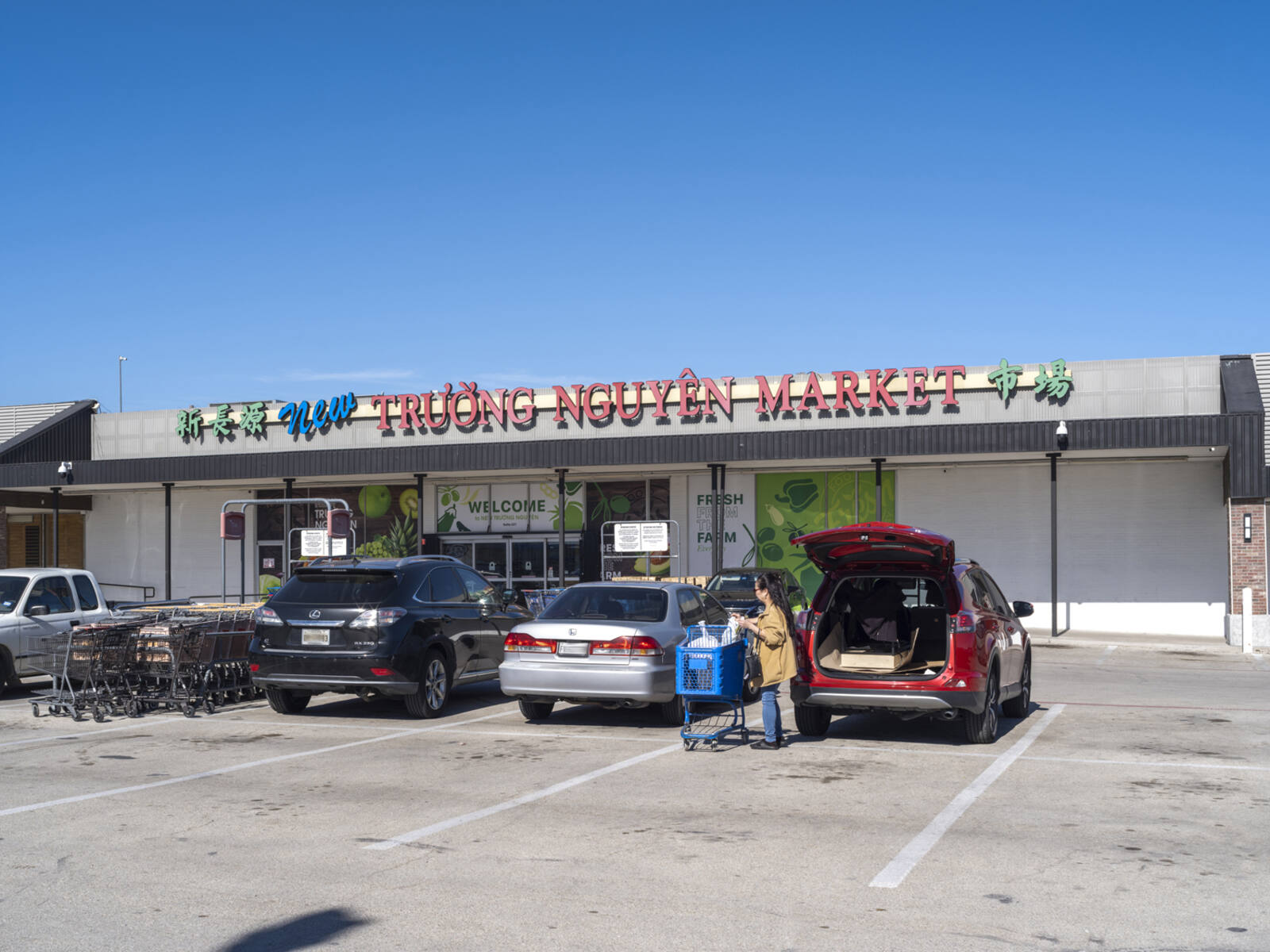Woman unloading shopping cart into red SUV at Truong Nguyen Market.