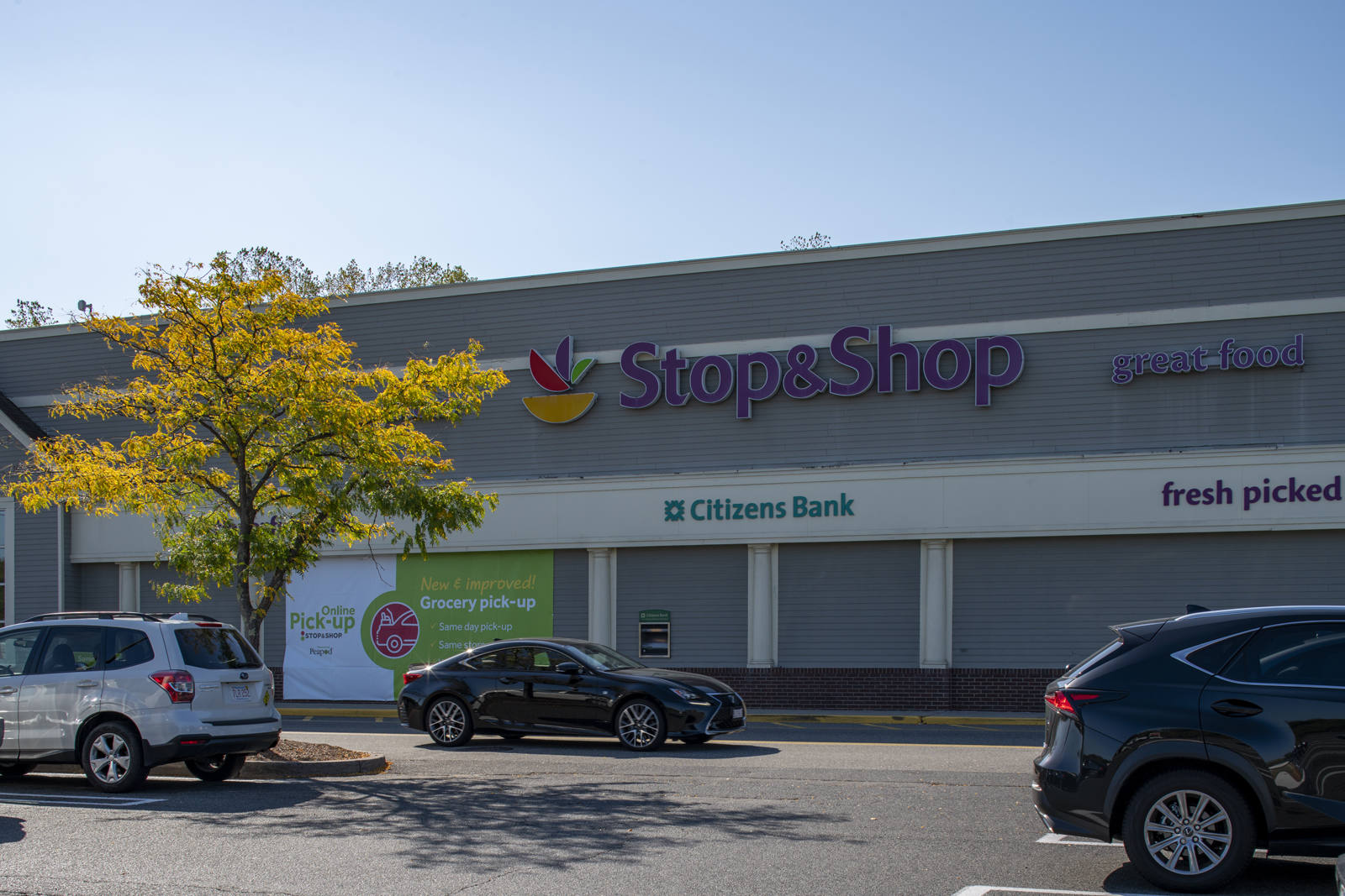 Black sedan passing Stop & Shop supermarket and small tree at Holyoke Shopping Center.