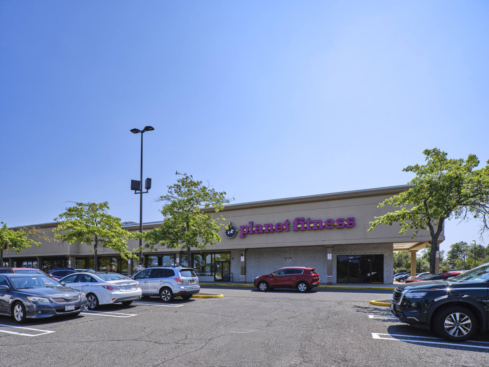 Planet Fitness gym with trees and cars parked in front.