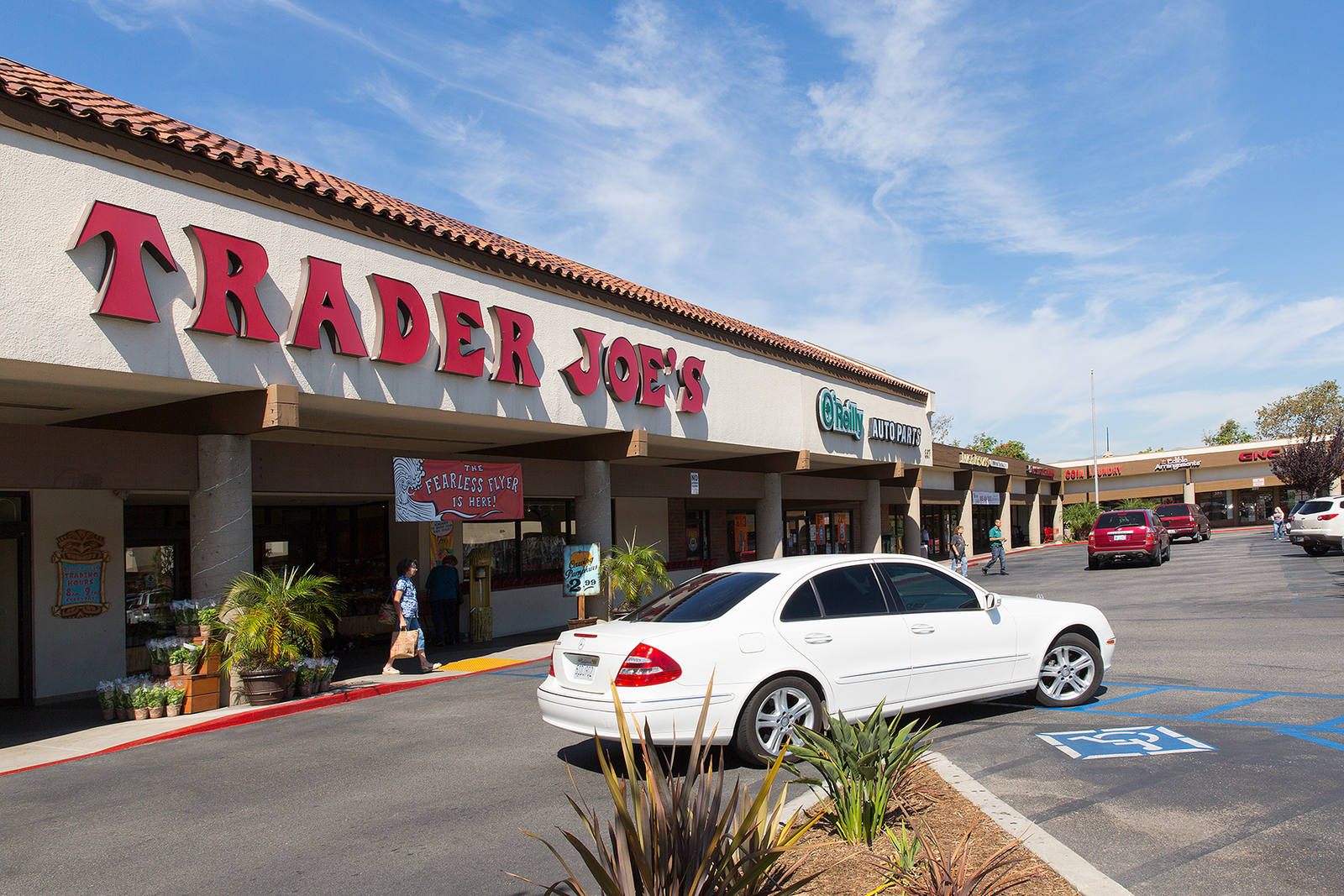 White car turning in front of palm tree planters at Trader Joe's in Camarillo, CA.