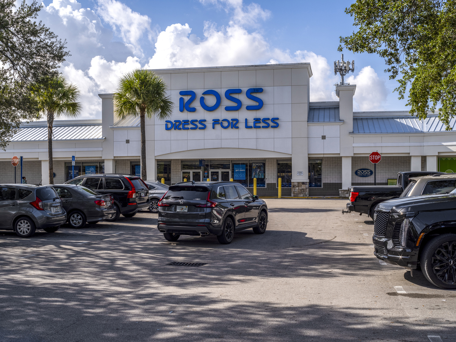 Ross Dress for Less with palm tree and car at storefront.