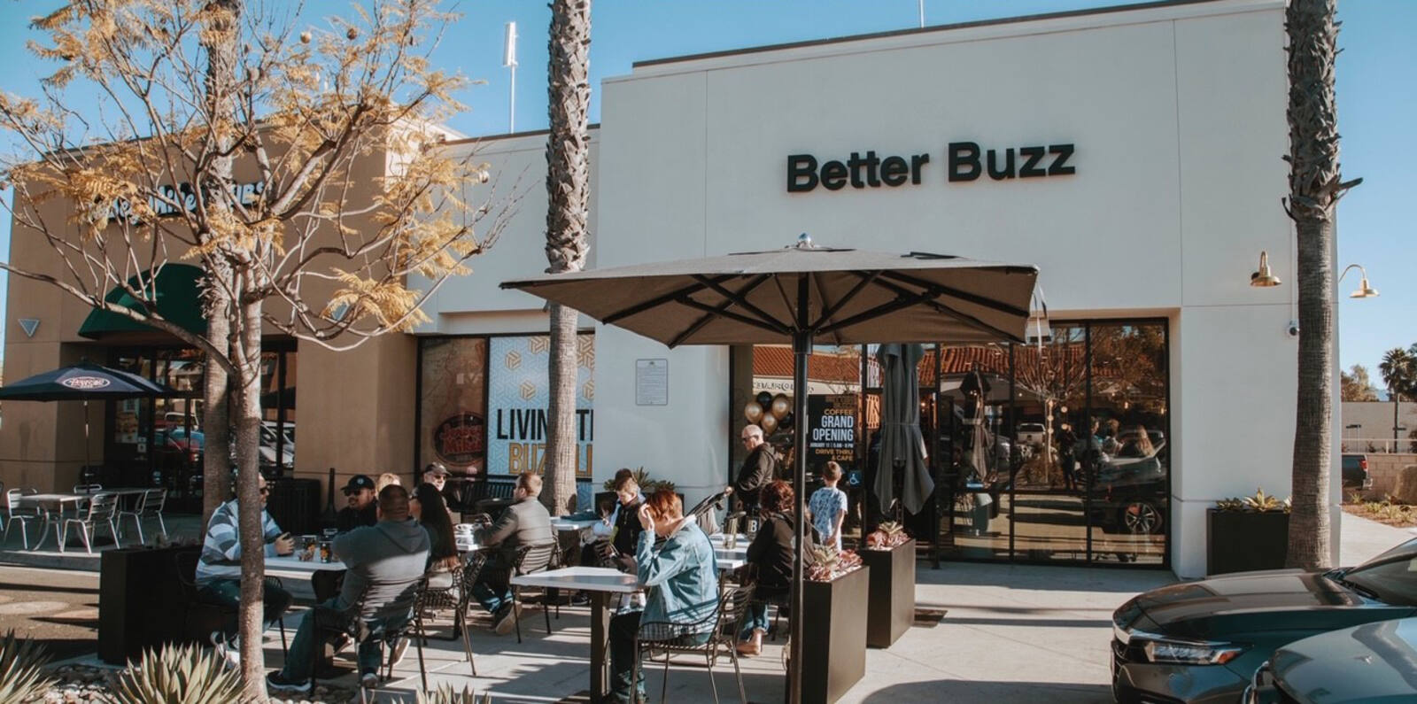 Patrons at Better Buzz coffee shop's outdoor seating in Escondido, CA.