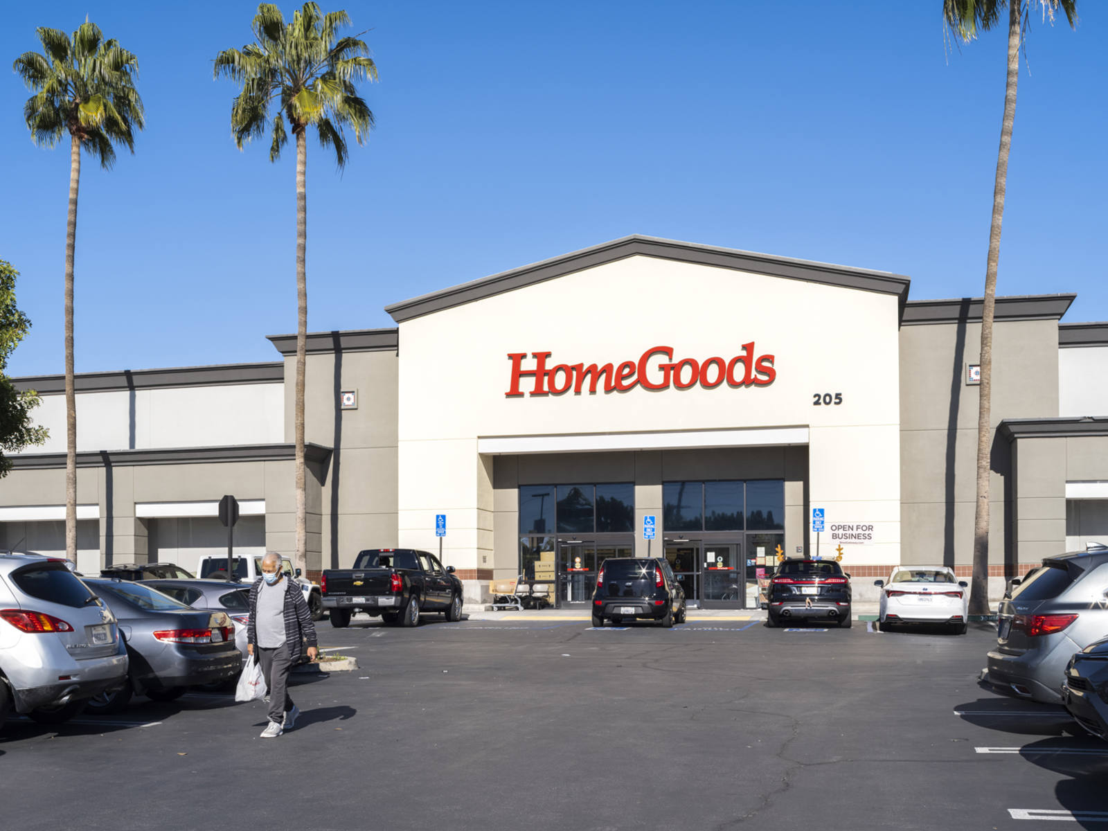 Customer walking through palm tree-lined parking lot of HomeGoods.