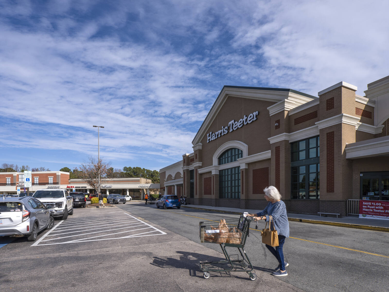Woman with shopping cart leaving Harris Teeter store into a parking lot.