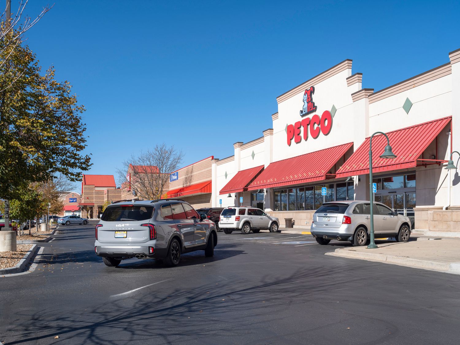 Grey SUV pulls into lot for Petco.