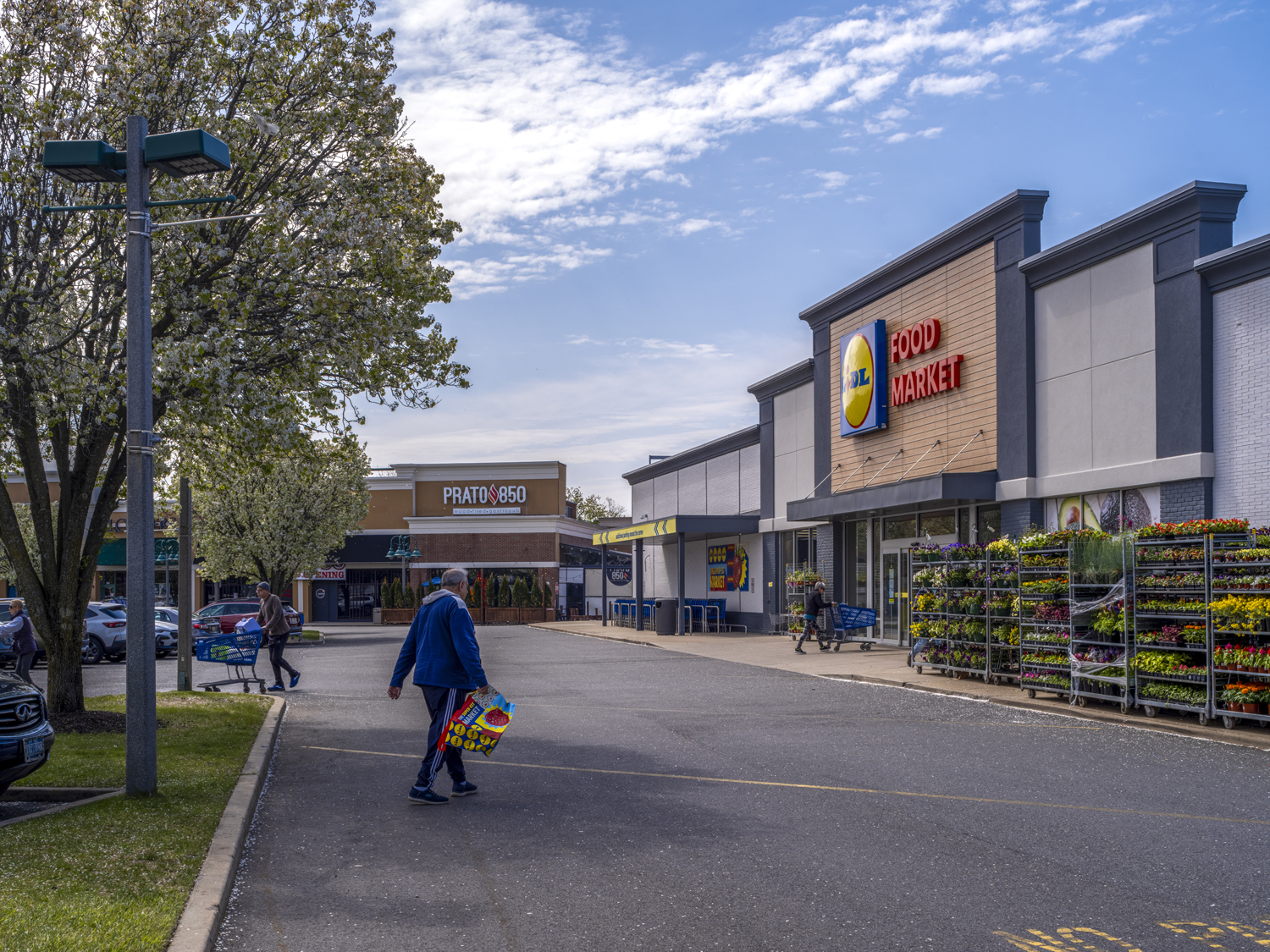 Lidl Food Market with garden center in front and patrons with bags and carts crossing road at entrance.