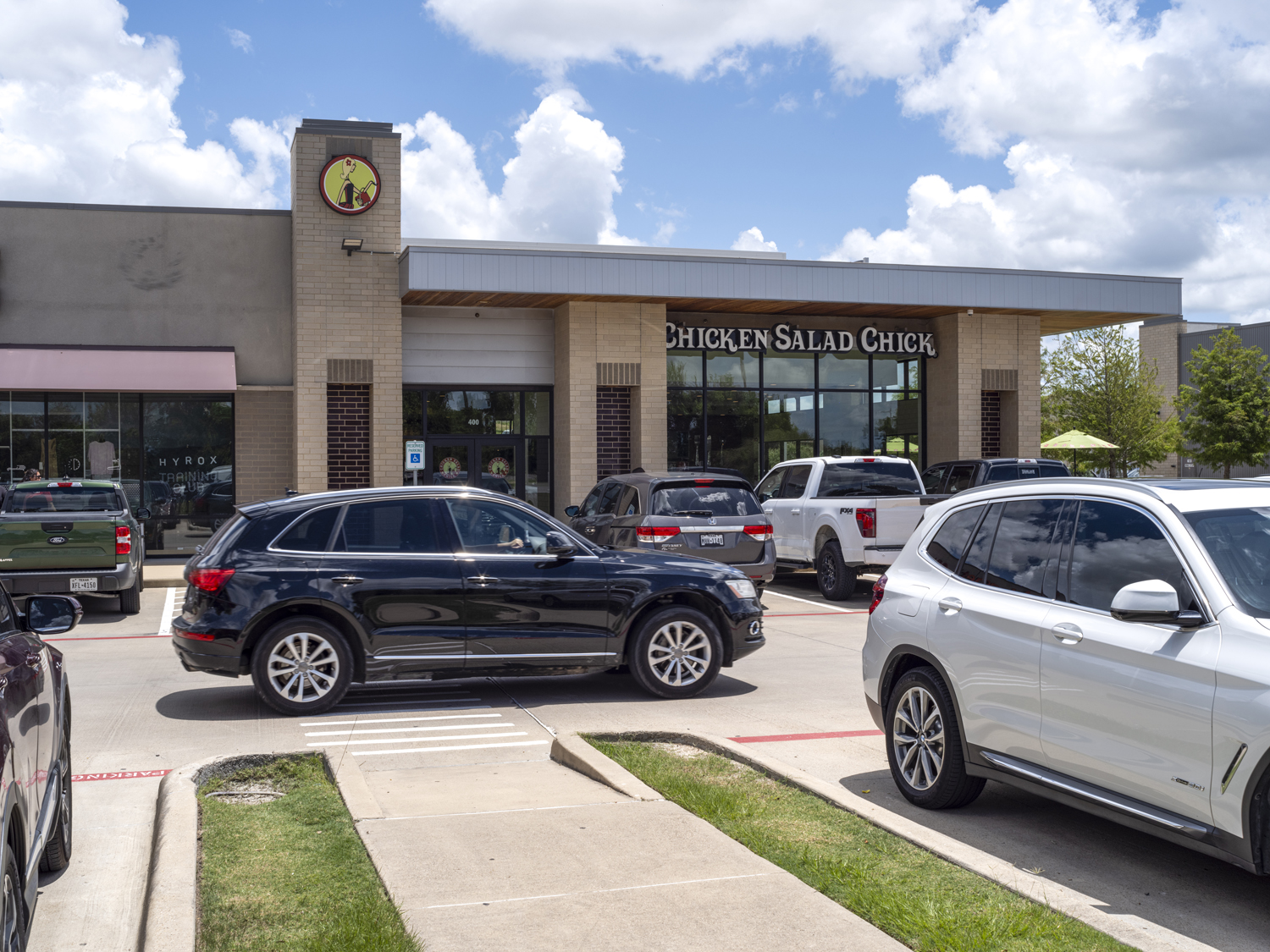 Busy parking lot at Chicken Salad Chick.