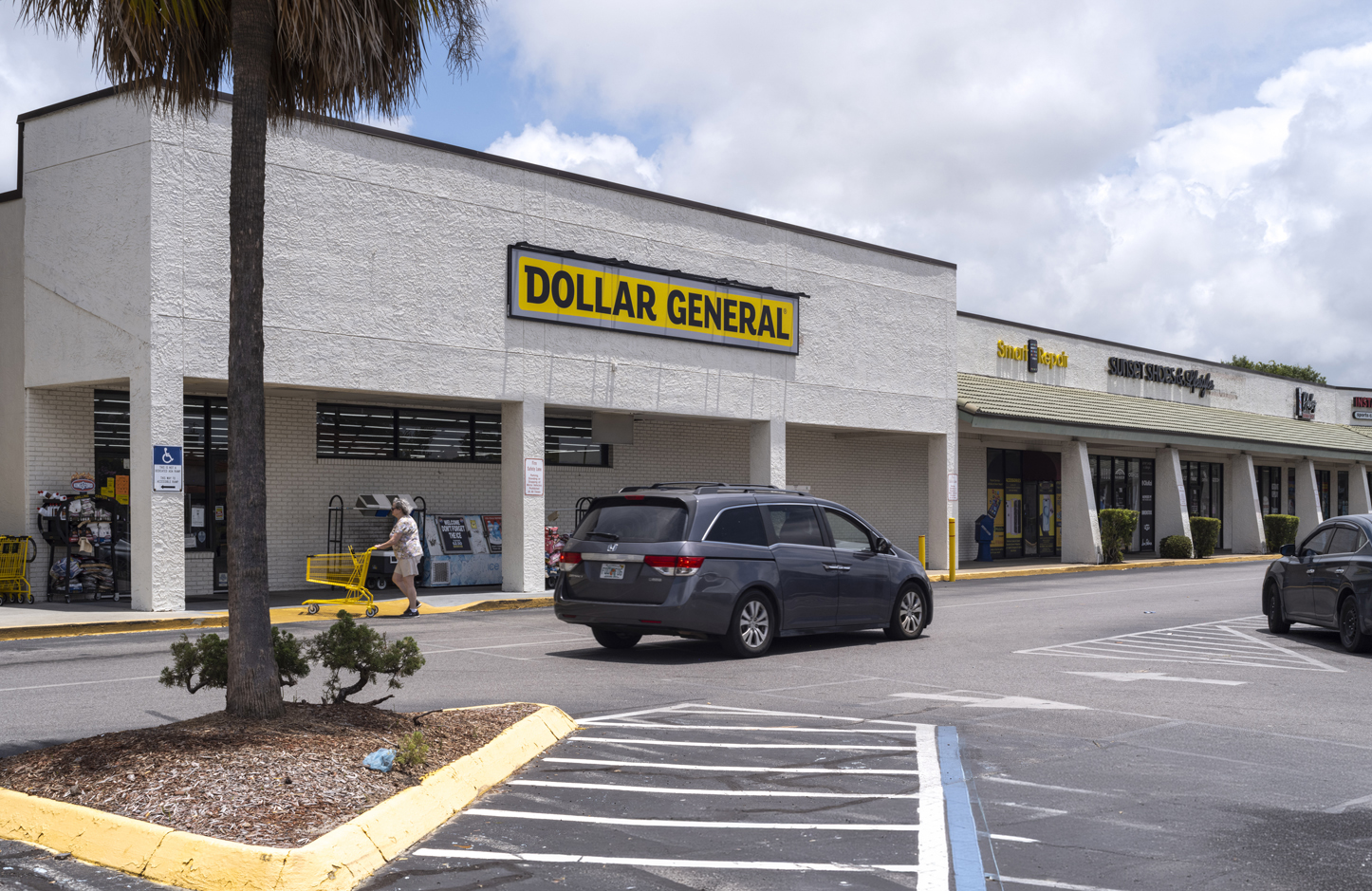 Woman with cart and grey min van at entrance to Dollar General