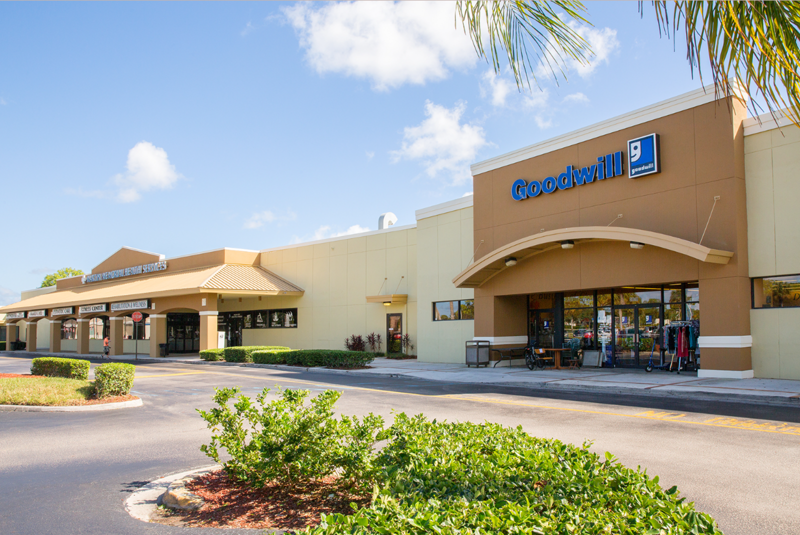 Goodwill store with planter and palm tree in foreground