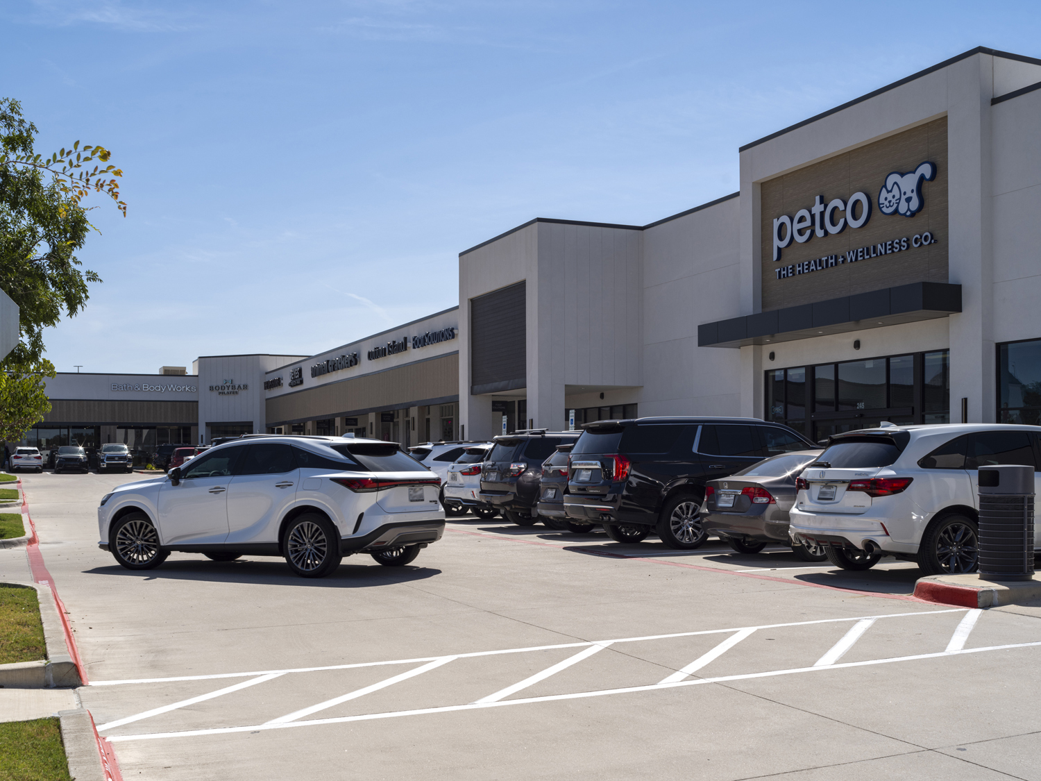 Petco with busy parking lot and white car exiting lot.