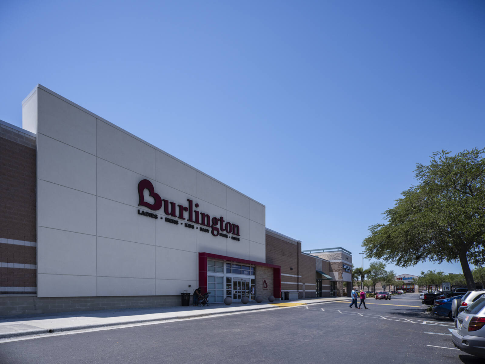 Customers in crosswalk exiting Burlington department store in Clearwater, FL.