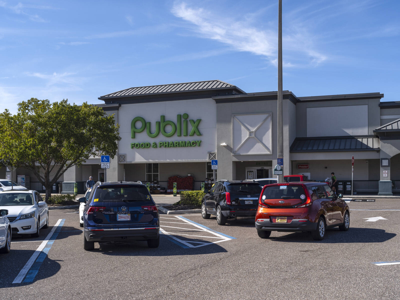Parking lot in front of Publix with tree on left.