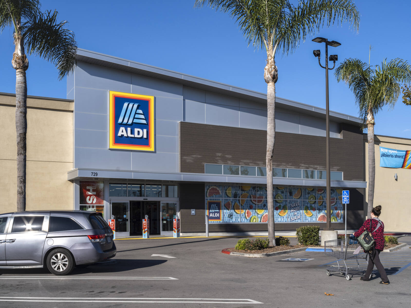 Woman with carriage approaches Aldi with palm trees and grey SUV in the lot.