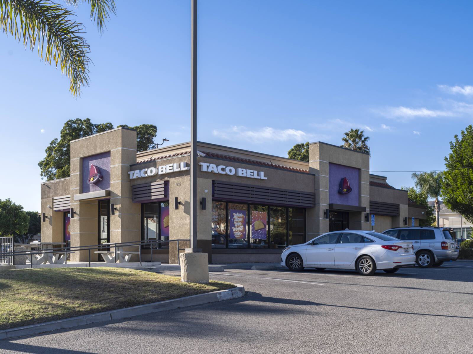 Busy parking lot at Taco Bell with trees and palm trees around it.