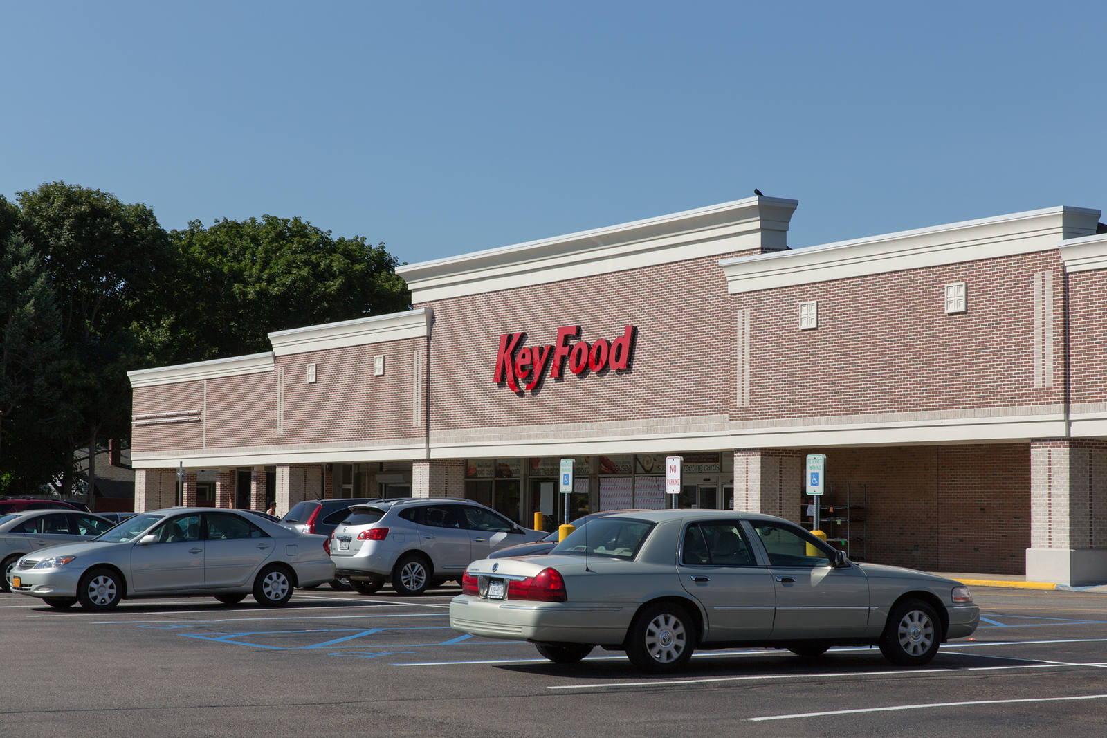 Grey cars and large trees at Key Food supermarket in Kings Park Plaza.