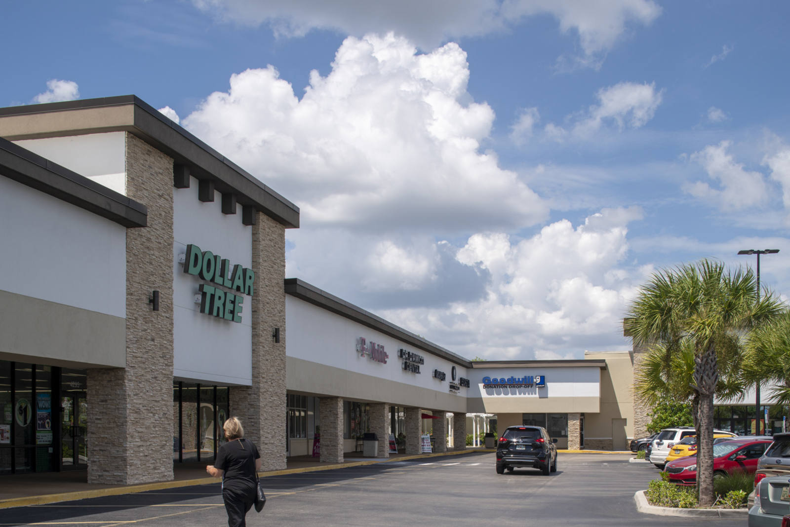 Person in black walking towards Dollar Tree entrance at Park Shore Plaza shopping center