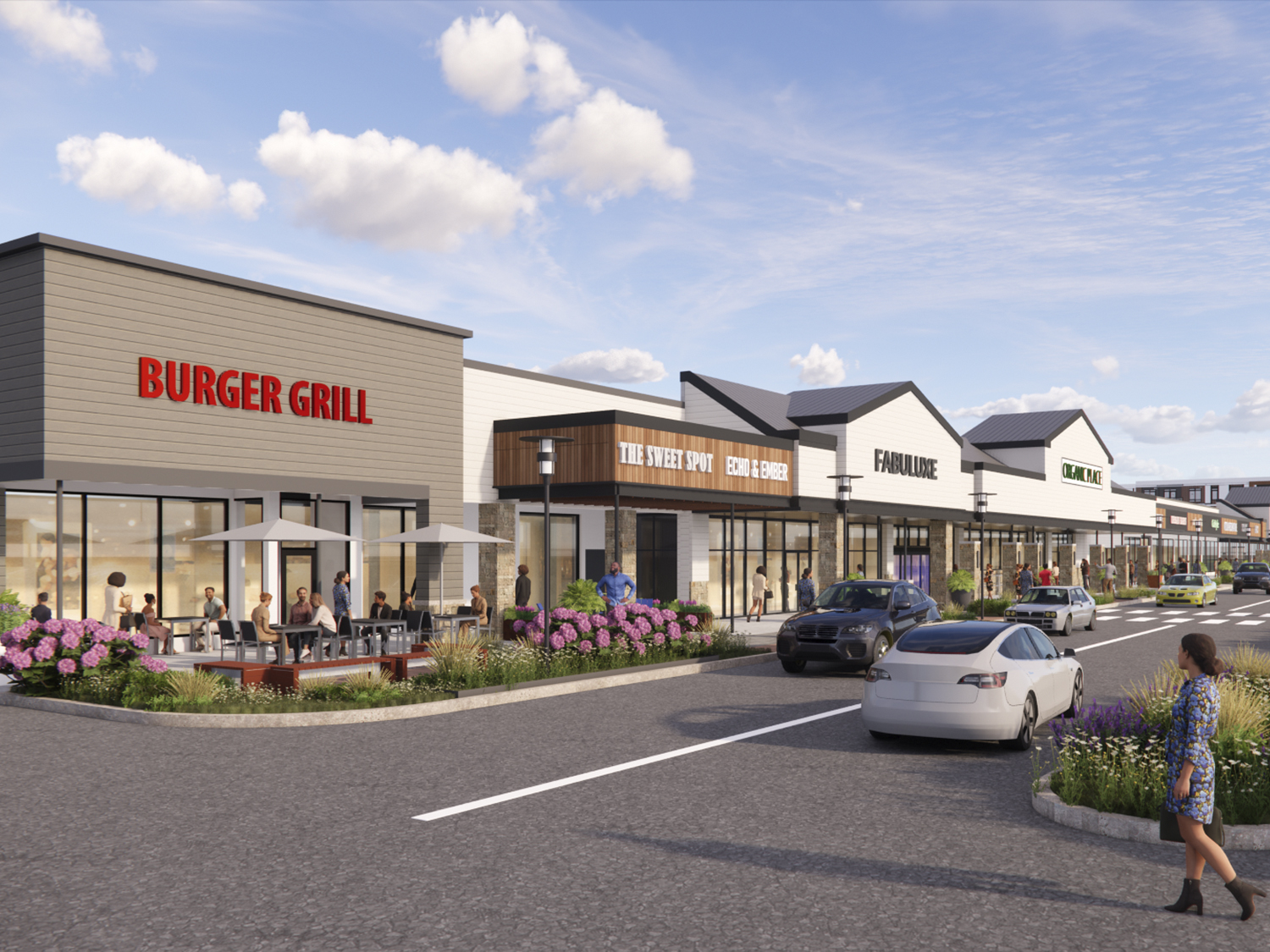 Daytime rendering of Morris Hills Shopping Center in Parsippany, NJ, highlighting the updated building facade with outdoor dining terrace, landscaped areas, and retail buildings.