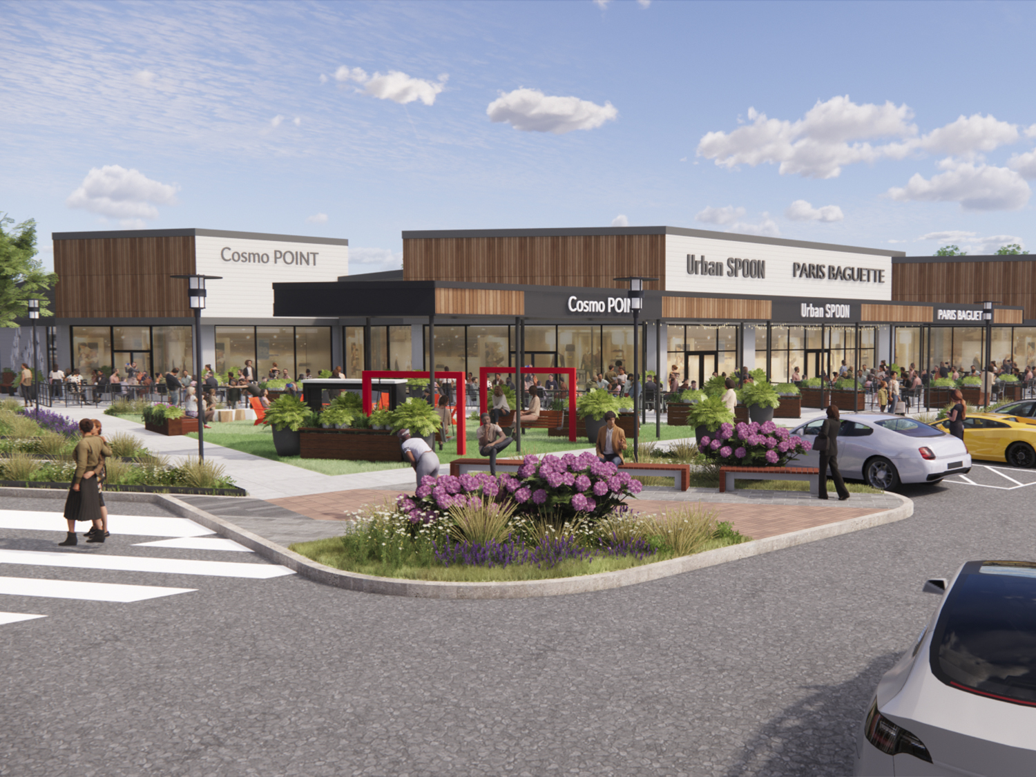 Daytime rendering of Morris Hills Shopping Center in Parsippany, NJ, highlighting the updated building facade with outdoor dining terraces, landscaped areas, and retail buildings.