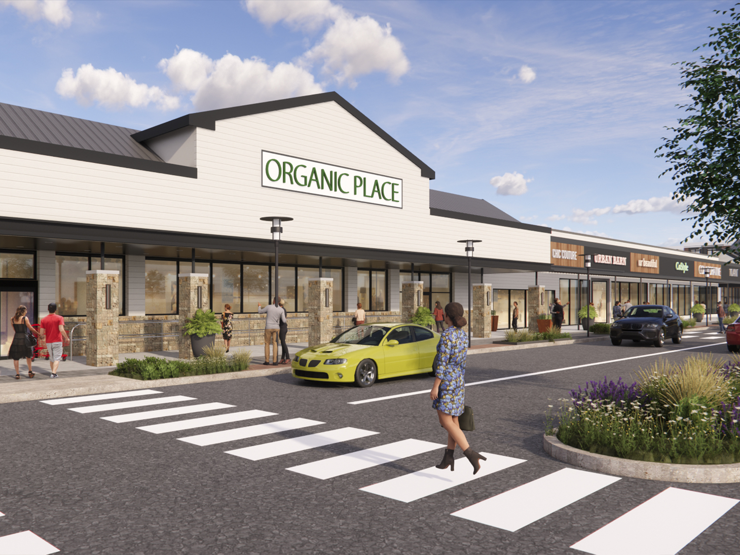 Daytime rendering of Morris Hills Shopping Center in Parsippany, NJ, highlighting the updated building facade with landscaped areas.