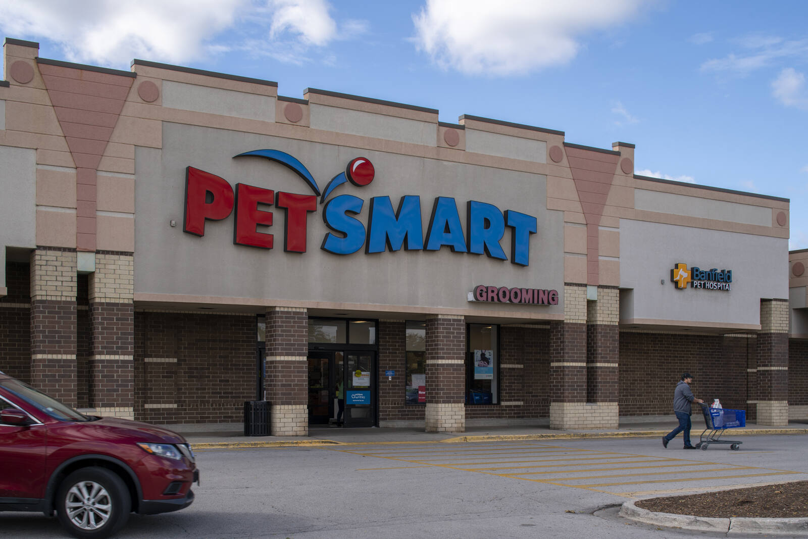 Red car on the left as person with shopping cart leaves PetSmart