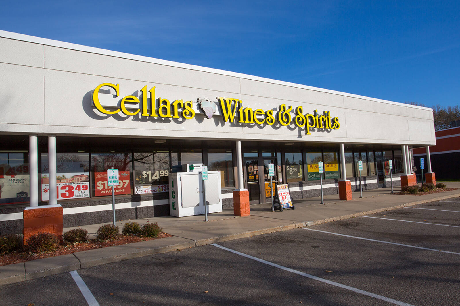 Cellars Wines & Spirits store with parking lot in front.